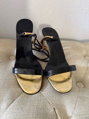 Christian Louboutin Black Patent Leather Ankle-Tie Heels with Red Soles